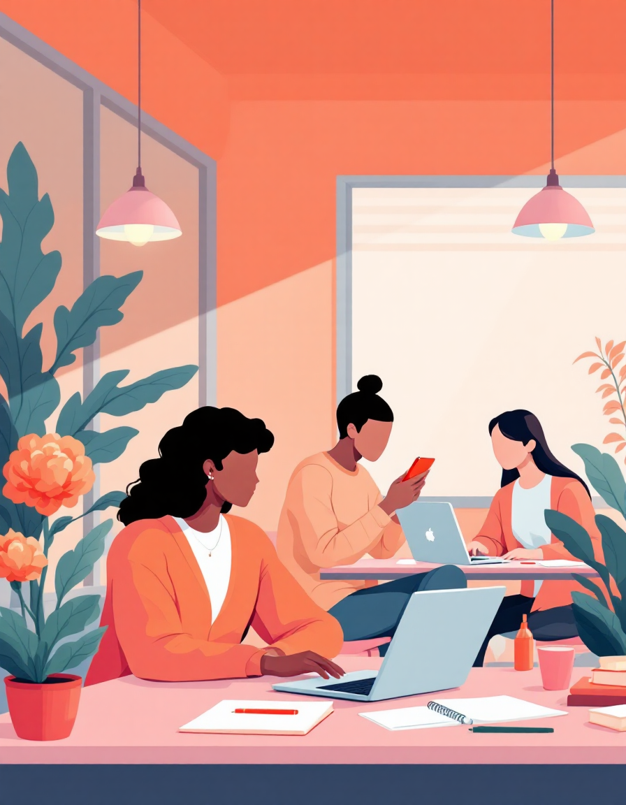 カフェで作業する学生たち